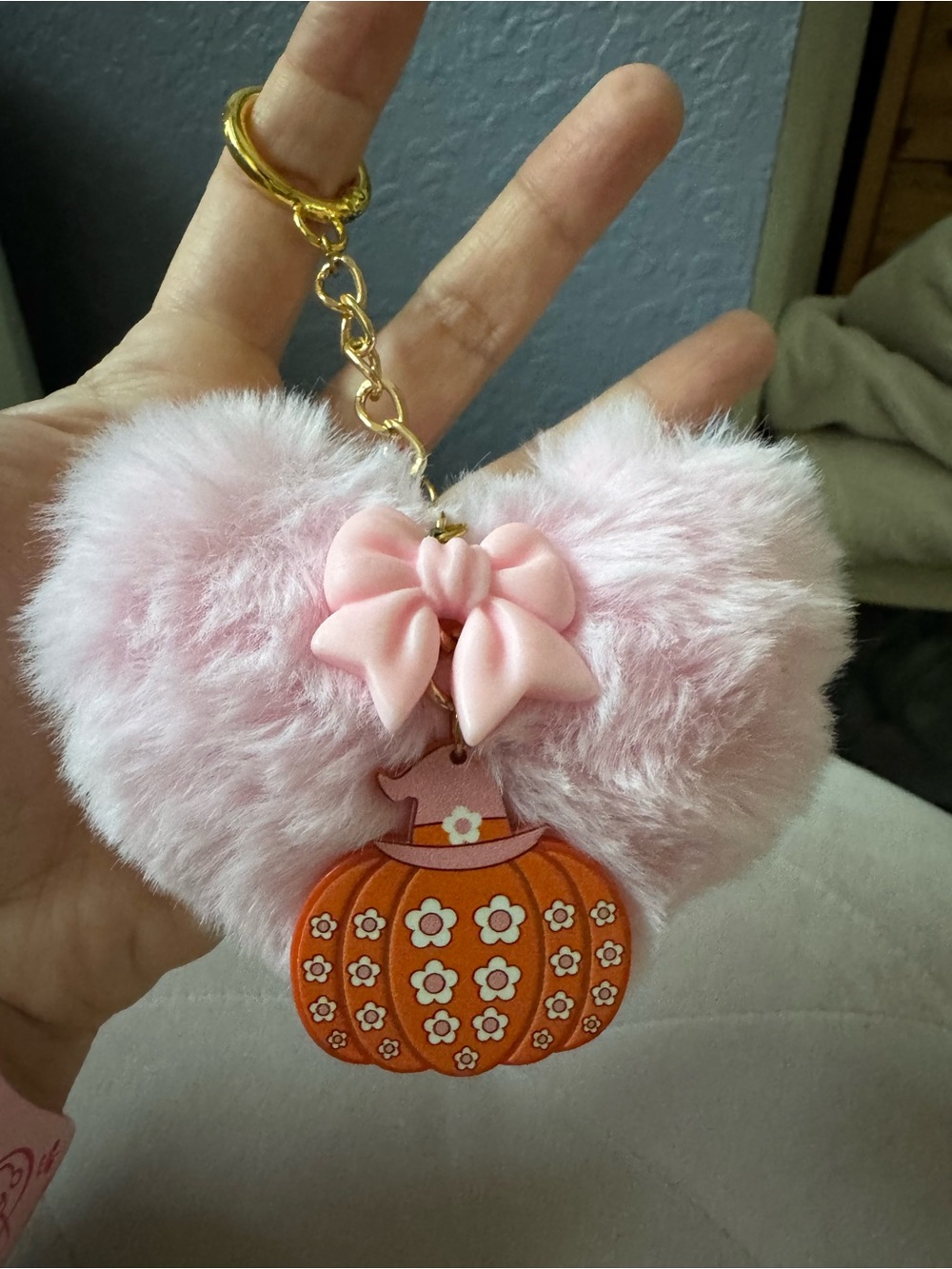Halloween Baby Pink Bow Pink Pom Pom Bag Charm Keychain with Pumpkin